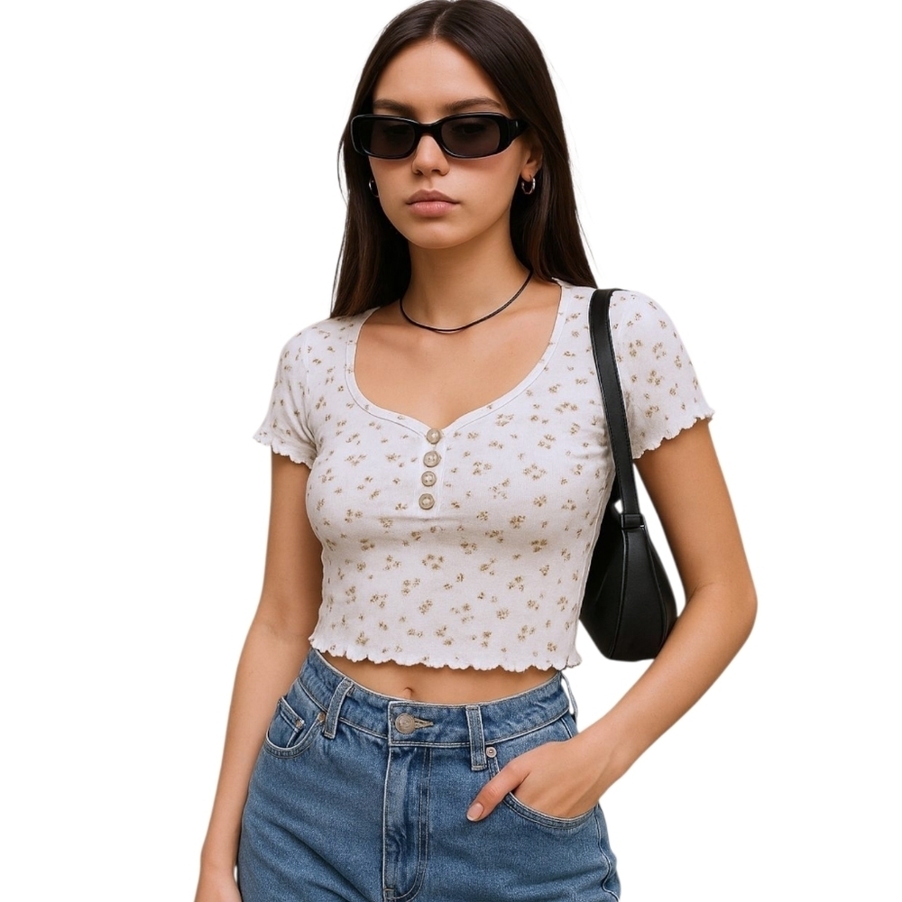 Womens Ditsy Floral Crop Top White Sz L Button Front Lettuce Hem Y2K 90s Fairy